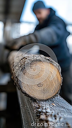 Timber storage: cut trees neatly arranged in sawmill, showcasing process of logging, preparation for transformation into Stock Photo