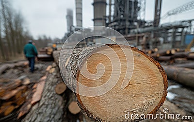 Timber storage: cut trees neatly arranged in sawmill, showcasing process of logging, preparation for transformation into Stock Photo