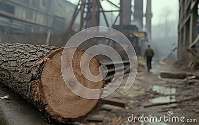 Timber storage: cut trees neatly arranged in sawmill, showcasing process of logging, preparation for transformation into Stock Photo