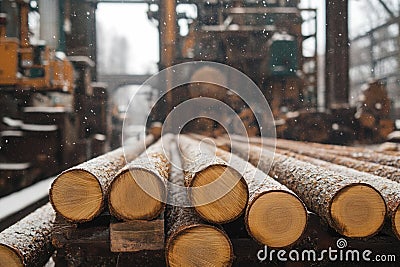Timber storage: cut trees neatly arranged in sawmill, showcasing process of logging, preparation for transformation into Stock Photo
