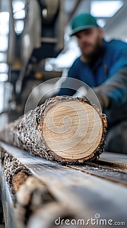 Timber storage: cut trees neatly arranged in sawmill, showcasing process of logging, preparation for transformation into Stock Photo
