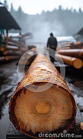 Timber storage: cut trees neatly arranged in sawmill, showcasing process of logging, preparation for transformation into Stock Photo