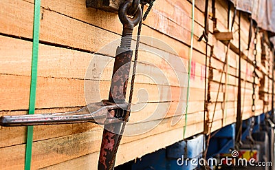 Timber transport truck Park waiting for inspection Stock Photo