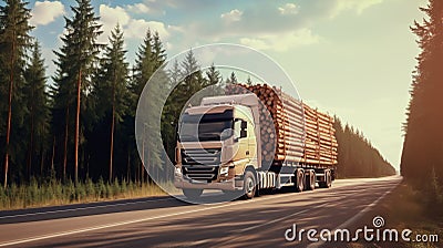 Timber Transport Trucking Logs. Transportation of logs on the highway Stock Photo