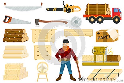 Timber vector woodcutter character or logger saws lumber or hardwood set of wooden timbered materials in sawmill Vector Illustration