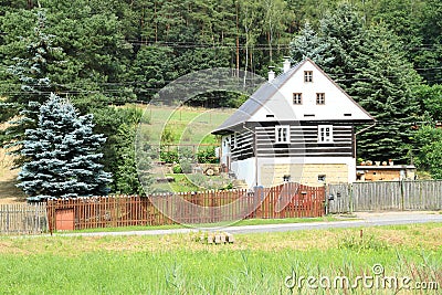 Timbered house under Castle Houska Stock Photo