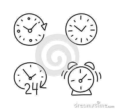 Time alarm clock hand drawn sketched. Set of icons. Drawn by hand. Line style. Outline contour Cartoon Illustration