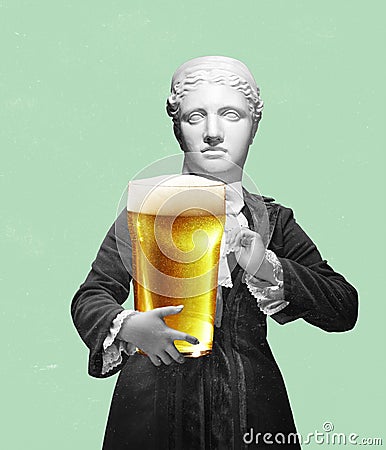 Time for beer. Contemporary art collage with antic statue holding beer glass with lager cold foamy beer. Concept of Stock Photo