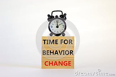 Time for behavior change symbol. Words Time for behavior change on wooden blocks. Black alarm clock. Beautiful white background. Stock Photo