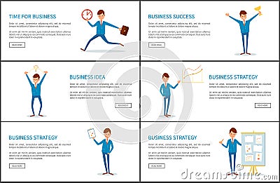 Time for Business , Success Strategy Posters Set Vector Illustration