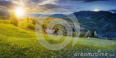 Time change above the rural field in mountains Stock Photo