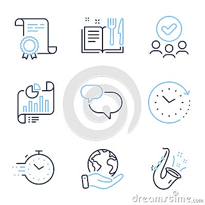 Time change, Jazz and Recipe book icons set. Chat message, Report document and Timer signs. Vector Vector Illustration