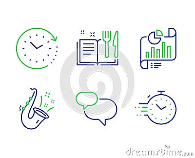 Time change, Jazz and Recipe book icons set. Chat message, Report document and Timer signs. Vector Vector Illustration