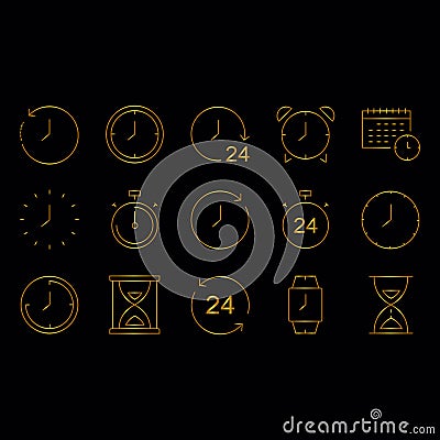 Time and clock Golden color Editable line icons set Vector Illustration