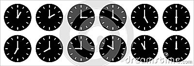 Time and clock icon set. Complete twelve hours pointed clockwise of clock sharp vector illustration. Analog wall clocks icons set. Cartoon Illustration