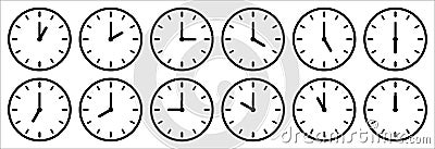 Time and clock icon set. Complete twelve hours pointed clockwise of clock sharp vector illustration. Analog wall clocks icons set. Cartoon Illustration