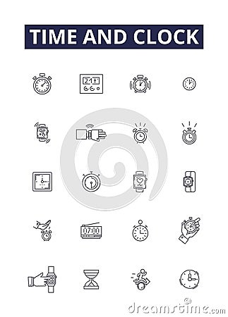 Time and clock line vector icons and signs. clockTime, Clock, Chronometer, Chronology, Hour, Seconds, Minutes, Timescale Vector Illustration