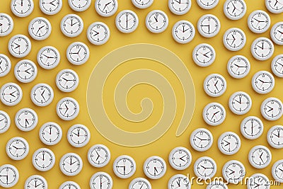 time clock scattered around ground middle void space circular pattern 3d stop still on yellow background. Stock Photo
