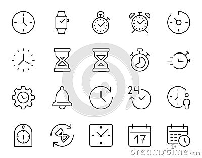 Time, Clock Thin Line Icon. Minimal Vector Illustration. Included Simple Outline Icons as Watch, Stopwatch, Timer, Alarm Vector Illustration