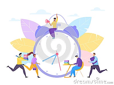 Time clock for work, vector illustration. Business people character control flat deadline and cartoon alarm design Vector Illustration