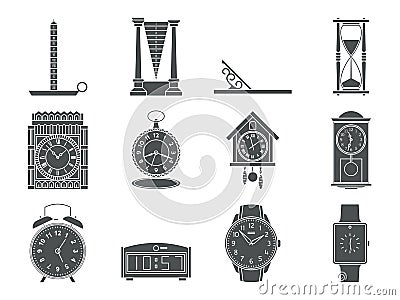 Time and clocks signs set. Watch icons. Flat line style illustrations isolated. From retro to modern collection. Classic Vector Illustration