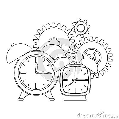 Time clocks watch alarm cartoon in black and white Vector Illustration