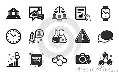 Time, Cloud sync and Document icons set. Quick tips, Startup and Court jury signs. Vector Vector Illustration