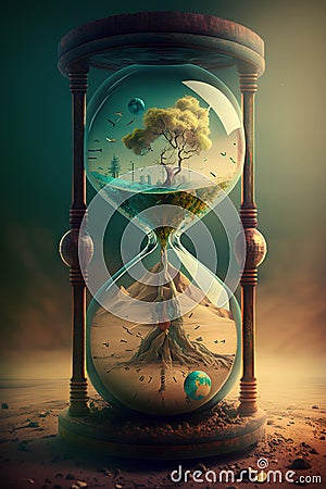 Time concept. Hourglass with planet earth and tree inside. 3D rendering Stock Photo