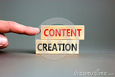 Time for content creation symbol. Concept words Content creation on beautiful wooden block. Beautiful grey table grey background. Stock Photo