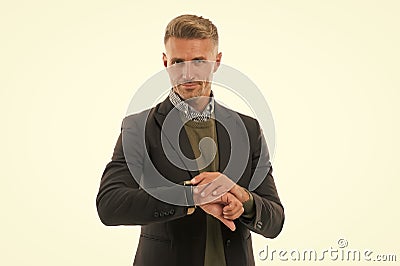 Time counting. Handsome mature man boss. Appreciate punctuality. Businessman check time isolated on white. Time Stock Photo