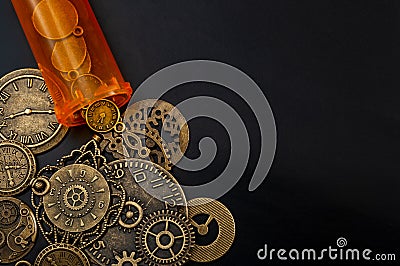 Time cures everything or time heals every pain concept with a bottle of prescription painkiller bottle and small metallic clock Stock Photo