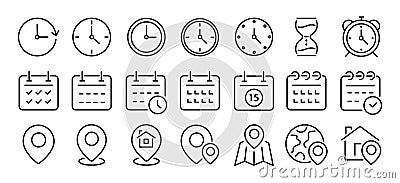 Time and date line icons set. Address and navigation outline icons collection Vector Illustration