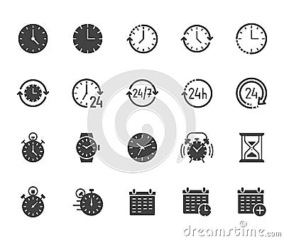 Time flat glyph icons set. Alarm clock, stopwatch, timer, sand glass, day and night, calendar vector illustrations Vector Illustration