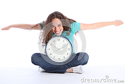 Time flies beautiful happy woman having clock fun Stock Photo