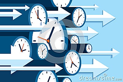 Time forward. 3d Clock icons in flat style, right arrows, timers on blue background. Time management. More watch and pointers. Bus Vector Illustration