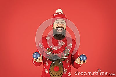 Time for fun. new year is time for joy. Add magic holidays. Santa hold christmas decoration. christmas toy store. what Stock Photo