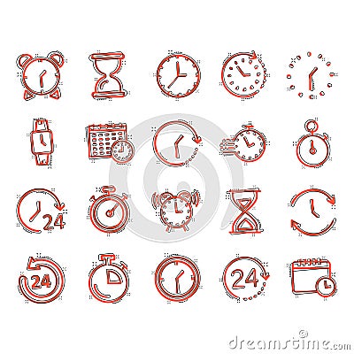 Time icon set in comic style. Agenda clock cartoon vector illustration on white isolated background. Sandglass, wristwatch timer Vector Illustration