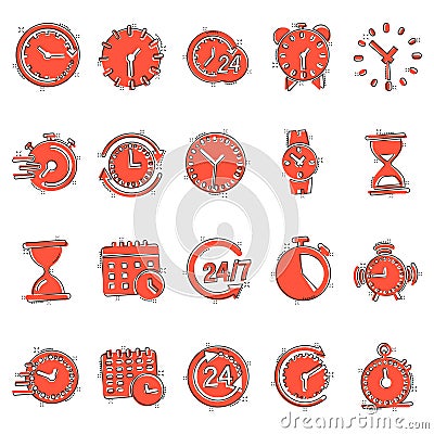 Time icon set in comic style. Agenda clock cartoon vector illustration on white isolated background. Sandglass, wristwatch timer Vector Illustration