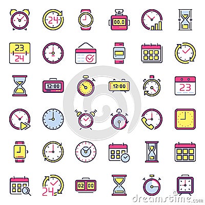 Time icons. Alarm clock, hourglass timer and deadline watch. Colorful 24 hours clocks flat icon isolated vector set Vector Illustration