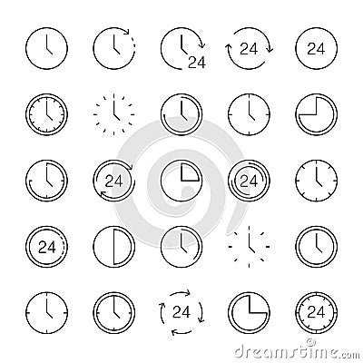 Time icons. Clock collection. Time and Clock vector collection. Big set of a round line icons. Time and clock, isolated on white Vector Illustration