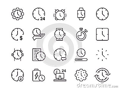 Time icons. Hour clock. Alarm watch line symbol. Date calendar. Timer dial. Stopwatch and hourglass. Fast speed. Minutes Vector Illustration