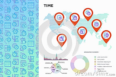 Time infographic on world map with thin line icons Vector Illustration