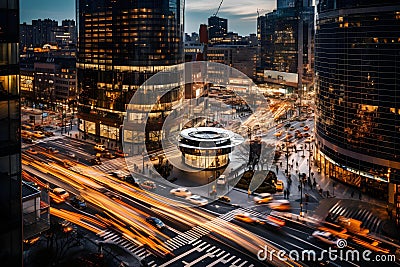 Time-Lapse of Bustling City Intersection During Rush Hour from Bird's-Eye View. Generative Ai Stock Photo