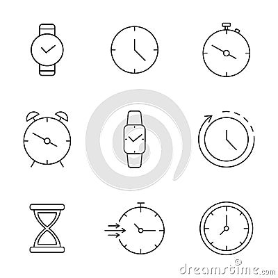 Time line icon set. Timer, stopwatch, alarm thin label. Clock stroke symbol. Calendar date. Watch outline pictogram Vector Illustration