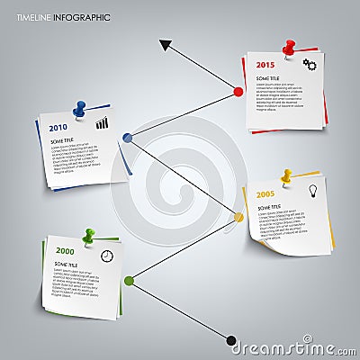 Time line info graphic with colored note paper template Vector Illustration