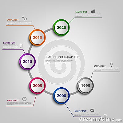 Time line info graphic with colored pointers in spiral Vector Illustration