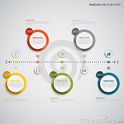 Time line info graphic with colored round design element indicators Vector Illustration