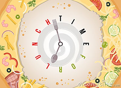 Time for lunch. Assorted pizza with conceptual vector watch with stylized clock hands like spoon and fork. Vector Illustration