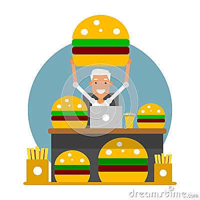 Time for lunch. Businessman at the workplace ready to take a break. Vector illustration isolated on white background. Vector Illustration
