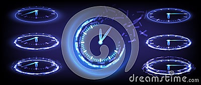 Time machine, timer and deadline. Sci-fi digital high-tech collection in glowing HUD elements clock. Hologram portal of science Vector Illustration